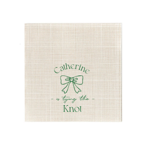 Set a scene of romance and anticipation with the Romantic Bow Bridal Shower Napkin, delicately personalized with the bride's name hovering above a graphic of an elegant bow, followed by "Tying the Knot" in a sleek, modern script. The perfect blend of love and style for her special day.