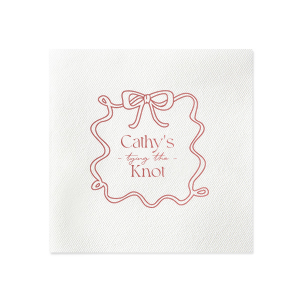 Celebrate the bride-to-be with the Ribbon Frame Tying the Knot Napkin, featuring her name elegantly placed above the phrase Tying the Knot in a contemporary script. Enclosed by a looping ribbon frame with a neat bow, this napkin adds a sophisticated and whimsical touch to her bridal shower.