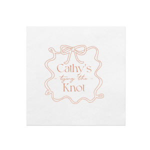 Celebrate the bride-to-be with the Ribbon Frame Tying the Knot Napkin, featuring her name elegantly placed above the phrase Tying the Knot in a contemporary script. Enclosed by a looping ribbon frame with a neat bow, this napkin adds a sophisticated and whimsical touch to her bridal shower.