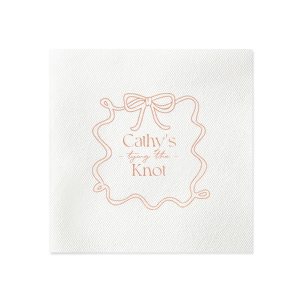 Celebrate the bride-to-be with the Ribbon Frame Tying the Knot Napkin, featuring her name elegantly placed above the phrase Tying the Knot in a contemporary script. Enclosed by a looping ribbon frame with a neat bow, this napkin adds a sophisticated and whimsical touch to her bridal shower.