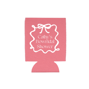 Keep your drinks cool and your style chic at the bridal shower with the Bowridal Shower Can Cooler. Adorn this charming cooler with the bride's name, floating above the whimsical phrase "Bowridal Shower," all encased within an illustrative looping ribbon and bow frame. A playful yet elegant accessory for the celebration.