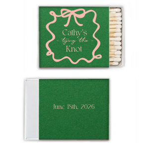 Light the way to wedded bliss with the Ribbon Bridal Shower Matchbook, featuring the bride's name and "Tying the Knot" encased in a looping ribbon frame with a bow, in a sleek script. The reverse side, perfect for commemorating the date, adds a personalized touch to this elegant shower favor.