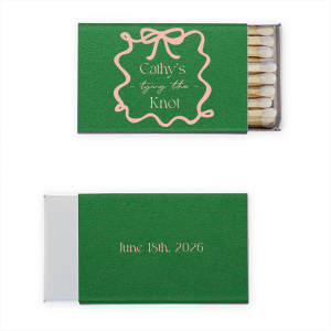 Light the way to wedded bliss with the Ribbon Bridal Shower Matchbook, featuring the bride's name and "Tying the Knot" encased in a looping ribbon frame with a bow, in a sleek script. The reverse side, perfect for commemorating the date, adds a personalized touch to this elegant shower favor.