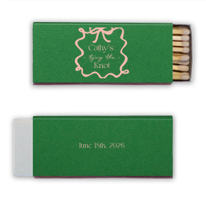 Light the way to wedded bliss with the Ribbon Bridal Shower Matchbook, featuring the bride's name and "Tying the Knot" encased in a looping ribbon frame with a bow, in a sleek script. The reverse side, perfect for commemorating the date, adds a personalized touch to this elegant shower favor.