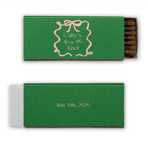 Light the way to wedded bliss with the Ribbon Bridal Shower Matchbook, featuring the bride's name and "Tying the Knot" encased in a looping ribbon frame with a bow, in a sleek script. The reverse side, perfect for commemorating the date, adds a personalized touch to this elegant shower favor.