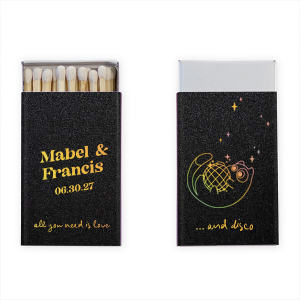 Light up the dance floor with the Disco Cat Wedding Matchbook, personalized with the couple's names in a contemporary take on retro script. The other side shines with the wedding date beneath a whimsical graphic of a cat clutching a disco ball, flanked by twinkling sparkles—an unforgettable favor for your groovy celebration.