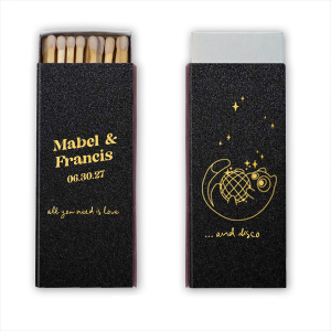 Light up the dance floor with the Disco Cat Wedding Matchbook, personalized with the couple's names in a contemporary take on retro script. The other side shines with the wedding date beneath a whimsical graphic of a cat clutching a disco ball, flanked by twinkling sparkles—an unforgettable favor for your groovy celebration.