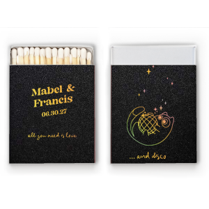 Light up the dance floor with the Disco Cat Wedding Matchbook, personalized with the couple's names in a contemporary take on retro script. The other side shines with the wedding date beneath a whimsical graphic of a cat clutching a disco ball, flanked by twinkling sparkles—an unforgettable favor for your groovy celebration.