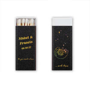 Light up the dance floor with the Disco Cat Wedding Matchbook, personalized with the couple's names in a contemporary take on retro script. The other side shines with the wedding date beneath a whimsical graphic of a cat clutching a disco ball, flanked by twinkling sparkles—an unforgettable favor for your groovy celebration.