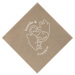 Embrace the warmth of your wedding day with the Cat Tails of Love Wedding Napkin. This endearing design features two cats creating a heart shape, with space to inscribe your event date at the center. Personalize the arc above with the couple's names, adding a whisker of romance to your table setting.