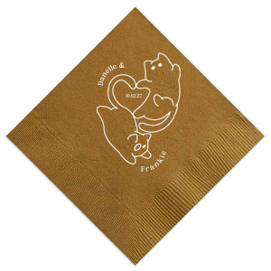 Embrace the warmth of your wedding day with the Cat Tails of Love Wedding Napkin. This endearing design features two cats creating a heart shape, with space to inscribe your event date at the center. Personalize the arc above with the couple's names, adding a whisker of romance to your table setting.