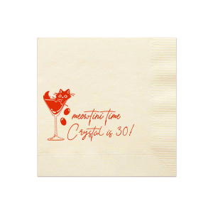 Celebrate another year of purr-fection with the Meowtini Time Birthday Napkin, featuring a whimsical drawing of a cat lounging in a martini glass, olives playfully tumbling out. Beside it, the phrase "Meowtini Time" invites a smile, with space for your name and new age in a chic script. The ultimate party accessory for cat and cocktail enthusiasts alike.