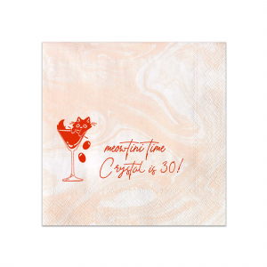 Celebrate another year of purr-fection with the Meowtini Time Birthday Napkin, featuring a whimsical drawing of a cat lounging in a martini glass, olives playfully tumbling out. Beside it, the phrase "Meowtini Time" invites a smile, with space for your name and new age in a chic script. The ultimate party accessory for cat and cocktail enthusiasts alike.