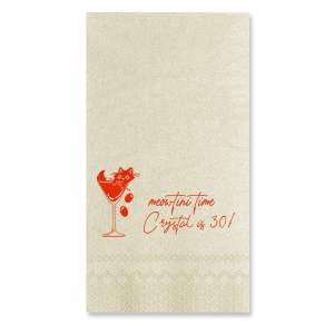 Celebrate another year of purr-fection with the Meowtini Time Birthday Napkin, featuring a whimsical drawing of a cat lounging in a martini glass, olives playfully tumbling out. Beside it, the phrase "Meowtini Time" invites a smile, with space for your name and new age in a chic script. The ultimate party accessory for cat and cocktail enthusiasts alike.