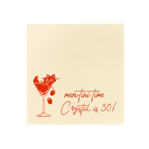 Celebrate another year of purr-fection with the Meowtini Time Birthday Napkin, featuring a whimsical drawing of a cat lounging in a martini glass, olives playfully tumbling out. Beside it, the phrase "Meowtini Time" invites a smile, with space for your name and new age in a chic script. The ultimate party accessory for cat and cocktail enthusiasts alike.