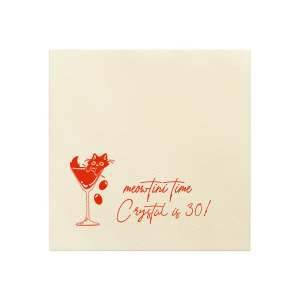 Celebrate another year of purr-fection with the Meowtini Time Birthday Napkin, featuring a whimsical drawing of a cat lounging in a martini glass, olives playfully tumbling out. Beside it, the phrase "Meowtini Time" invites a smile, with space for your name and new age in a chic script. The ultimate party accessory for cat and cocktail enthusiasts alike.