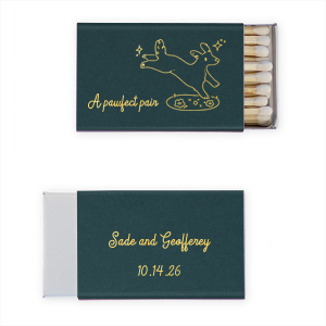 Ignite the joy of your special day with the Pawfect Pair Wedding Matchbook, adorned with an illustration of a jubilant dog leaping above a patch of grass, surrounded by sparkles, and the charming phrase "A Pawfect Pair." Personalize the reverse side with the couple's names and wedding date for a unique and heartwarming touch to your celebration.