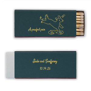 Ignite the joy of your special day with the Pawfect Pair Wedding Matchbook, adorned with an illustration of a jubilant dog leaping above a patch of grass, surrounded by sparkles, and the charming phrase "A Pawfect Pair." Personalize the reverse side with the couple's names and wedding date for a unique and heartwarming touch to your celebration.