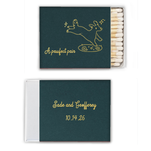 Ignite the joy of your special day with the Pawfect Pair Wedding Matchbook, adorned with an illustration of a jubilant dog leaping above a patch of grass, surrounded by sparkles, and the charming phrase "A Pawfect Pair." Personalize the reverse side with the couple's names and wedding date for a unique and heartwarming touch to your celebration.