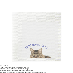 Make your celebration a memorable one with the Cat's Meow Birthday Portrait Napkin, showcasing a beloved photo of a cat's face. Tailor this delightful napkin with the name and age of the honored person or pet, ensuring a purr-sonalized touch for any birthday party, be it for an adult, child, or feline friend.