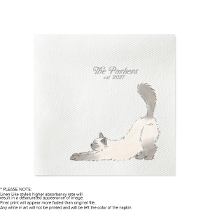 Add a cozy touch to your wedding or home gathering with the Stretching Cat Family Napkin, adorned with a charming full-color illustration of a grey and white cat in mid-stretch. Personalize this warm detail with your family's last name and the date of establishment, celebrating the comfort and joy of your shared home.