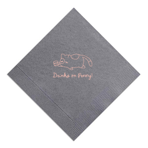 Showcase your love for feline friends with the Chillin' Cat Personalized Napkin, featuring a sleek, minimalist depiction of a cartoon cat contently resting on its stomach with a cup in paw. Below the charming design, add a personal flair with your or your cat's name in an elegant script font, perfect for any cat lover's gathering.