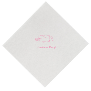 Showcase your love for feline friends with the Chillin' Cat Personalized Napkin, featuring a sleek, minimalist depiction of a cartoon cat contently resting on its stomach with a cup in paw. Below the charming design, add a personal flair with your or your cat's name in an elegant script font, perfect for any cat lover's gathering.