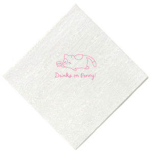 Showcase your love for feline friends with the Chillin' Cat Personalized Napkin, featuring a sleek, minimalist depiction of a cartoon cat contently resting on its stomach with a cup in paw. Below the charming design, add a personal flair with your or your cat's name in an elegant script font, perfect for any cat lover's gathering.