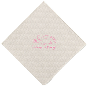Showcase your love for feline friends with the Chillin' Cat Personalized Napkin, featuring a sleek, minimalist depiction of a cartoon cat contently resting on its stomach with a cup in paw. Below the charming design, add a personal flair with your or your cat's name in an elegant script font, perfect for any cat lover's gathering.