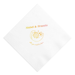 Dance into matrimony with the Disco Cat Wedding Napkin, a playful addition to your celebration featuring a cat clutching a disco ball, surrounded by sparkles. Personalize with the couple's names in a retro-modern font for a whimsical touch to your nuptial festivity.