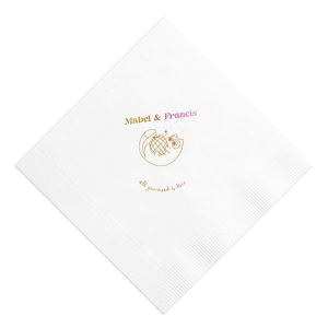 Dance into matrimony with the Disco Cat Wedding Napkin, a playful addition to your celebration featuring a cat clutching a disco ball, surrounded by sparkles. Personalize with the couple's names in a retro-modern font for a whimsical touch to your nuptial festivity.