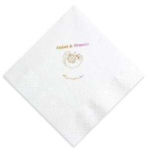 Dance into matrimony with the Disco Cat Wedding Napkin, a playful addition to your celebration featuring a cat clutching a disco ball, surrounded by sparkles. Personalize with the couple's names in a retro-modern font for a whimsical touch to your nuptial festivity.