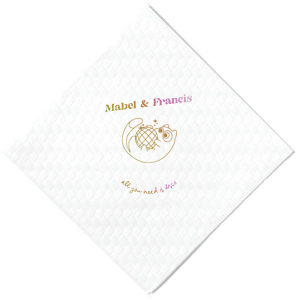 Dance into matrimony with the Disco Cat Wedding Napkin, a playful addition to your celebration featuring a cat clutching a disco ball, surrounded by sparkles. Personalize with the couple's names in a retro-modern font for a whimsical touch to your nuptial festivity.