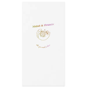 Dance into matrimony with the Disco Cat Wedding Napkin, a playful addition to your celebration featuring a cat clutching a disco ball, surrounded by sparkles. Personalize with the couple's names in a retro-modern font for a whimsical touch to your nuptial festivity.