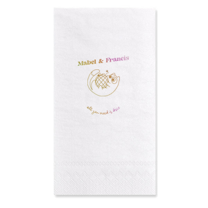 Dance into matrimony with the Disco Cat Wedding Napkin, a playful addition to your celebration featuring a cat clutching a disco ball, surrounded by sparkles. Personalize with the couple's names in a retro-modern font for a whimsical touch to your nuptial festivity.