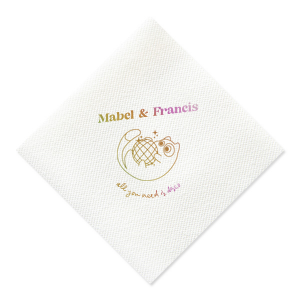 Dance into matrimony with the Disco Cat Wedding Napkin, a playful addition to your celebration featuring a cat clutching a disco ball, surrounded by sparkles. Personalize with the couple's names in a retro-modern font for a whimsical touch to your nuptial festivity.