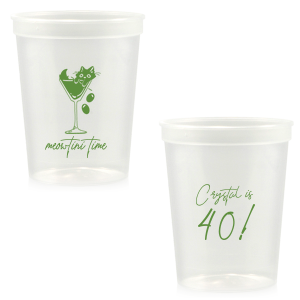 Toast to another fabulous year with the Meowtini Time Birthday Cup, showcasing a whimsical drawing of a cat cozily perched in a martini glass, olives playfully cascading over the rim. Personalize with your name and milestone age to the right of the glass in an elegant script font, inviting a celebratory sip with feline flair.