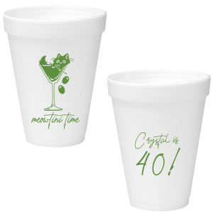 Toast to another fabulous year with the Meowtini Time Birthday Cup, showcasing a whimsical drawing of a cat cozily perched in a martini glass, olives playfully cascading over the rim. Personalize with your name and milestone age to the right of the glass in an elegant script font, inviting a celebratory sip with feline flair.