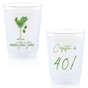 Toast to another fabulous year with the Meowtini Time Birthday Cup, showcasing a whimsical drawing of a cat cozily perched in a martini glass, olives playfully cascading over the rim. Personalize with your name and milestone age to the right of the glass in an elegant script font, inviting a celebratory sip with feline flair.