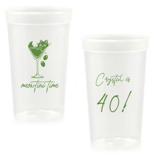 Toast to another fabulous year with the Meowtini Time Birthday Cup, showcasing a whimsical drawing of a cat cozily perched in a martini glass, olives playfully cascading over the rim. Personalize with your name and milestone age to the right of the glass in an elegant script font, inviting a celebratory sip with feline flair.
