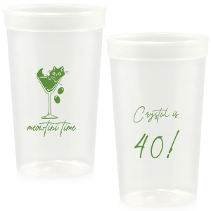Toast to another fabulous year with the Meowtini Time Birthday Cup, showcasing a whimsical drawing of a cat cozily perched in a martini glass, olives playfully cascading over the rim. Personalize with your name and milestone age to the right of the glass in an elegant script font, inviting a celebratory sip with feline flair.