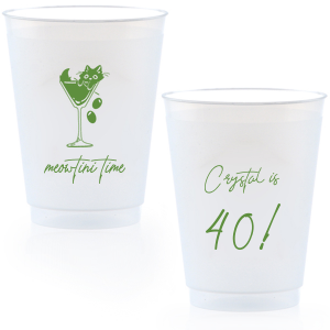 Toast to another fabulous year with the Meowtini Time Birthday Cup, showcasing a whimsical drawing of a cat cozily perched in a martini glass, olives playfully cascading over the rim. Personalize with your name and milestone age to the right of the glass in an elegant script font, inviting a celebratory sip with feline flair.