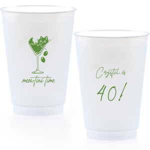 Toast to another fabulous year with the Meowtini Time Birthday Cup, showcasing a whimsical drawing of a cat cozily perched in a martini glass, olives playfully cascading over the rim. Personalize with your name and milestone age to the right of the glass in an elegant script font, inviting a celebratory sip with feline flair.