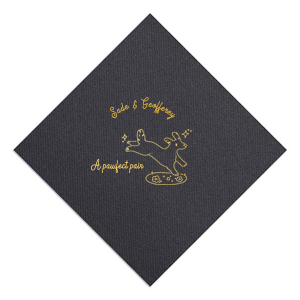 Celebrate your nuptials with the Pawfect Pair Wedding Napkin, featuring a joyous illustration of a dog in mid-leap above a grassy knoll, surrounded by a sprinkle of sparkles. Personalize with the couple's names arched above this heartwarming scene, symbolizing the playful spirit and boundless love of your special day.