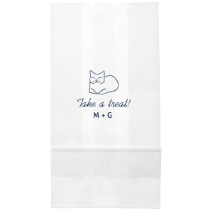 Send your guests home with a smile using the LoafIng Cat Favor Bag, perfect for weddings or birthday parties. This adorable bag showcases a sitting cat with its legs tucked, and the inviting words "Take a Treat" in a graceful script. Personalize with your name or the couple's initials for a sweet parting gift.