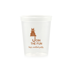 Elevate your home entertaining or birthday bash with the Cat Join the Fun Cup, whimsically illustrated with a cat whose tail creatively forms the letter 'J', helping to spell the phrase "Join the Fun." Below this playful design, add a personal touch by customizing with your name, inviting guests to share in the merriment.