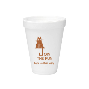 Elevate your home entertaining or birthday bash with the Cat Join the Fun Cup, whimsically illustrated with a cat whose tail creatively forms the letter 'J', helping to spell the phrase "Join the Fun." Below this playful design, add a personal touch by customizing with your name, inviting guests to share in the merriment.