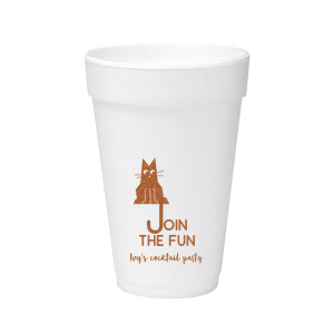 Elevate your home entertaining or birthday bash with the Cat Join the Fun Cup, whimsically illustrated with a cat whose tail creatively forms the letter 'J', helping to spell the phrase "Join the Fun." Below this playful design, add a personal touch by customizing with your name, inviting guests to share in the merriment.