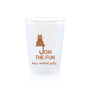 Elevate your home entertaining or birthday bash with the Cat Join the Fun Cup, whimsically illustrated with a cat whose tail creatively forms the letter 'J', helping to spell the phrase "Join the Fun." Below this playful design, add a personal touch by customizing with your name, inviting guests to share in the merriment.