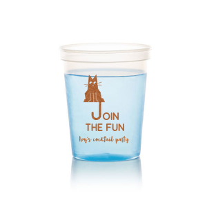 Elevate your home entertaining or birthday bash with the Cat Join the Fun Cup, whimsically illustrated with a cat whose tail creatively forms the letter 'J', helping to spell the phrase "Join the Fun." Below this playful design, add a personal touch by customizing with your name, inviting guests to share in the merriment.